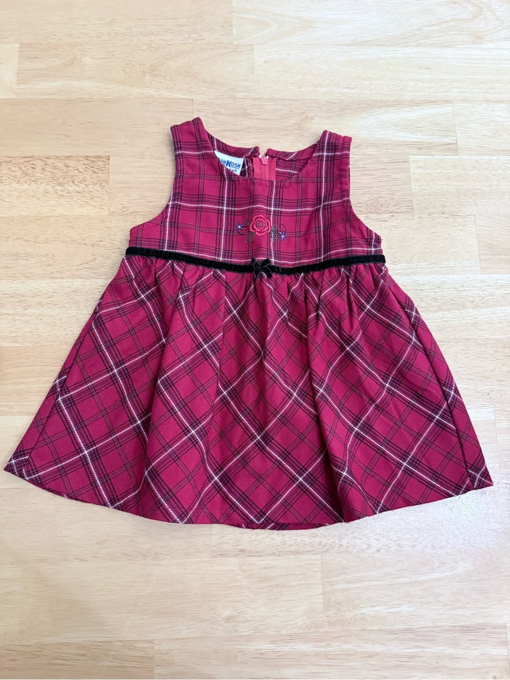 Vintage Y2K Oshkosh B’Gosh Red Plaid Embroidered Floral A Line Dress 12 Months